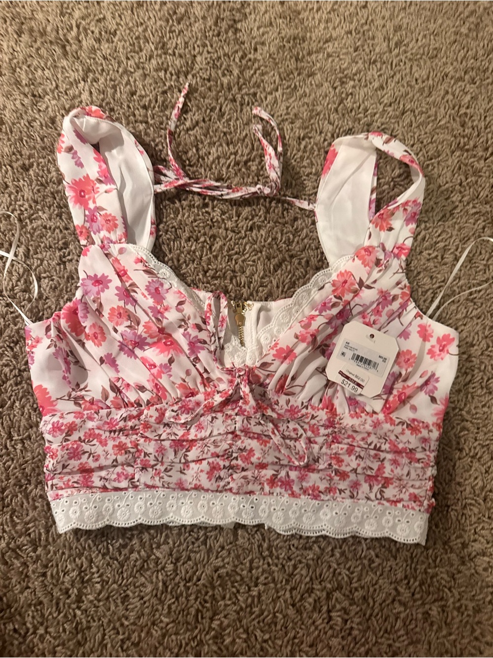 Altar'd State White Crop Top with Pink Floral Print and Lace Trim
